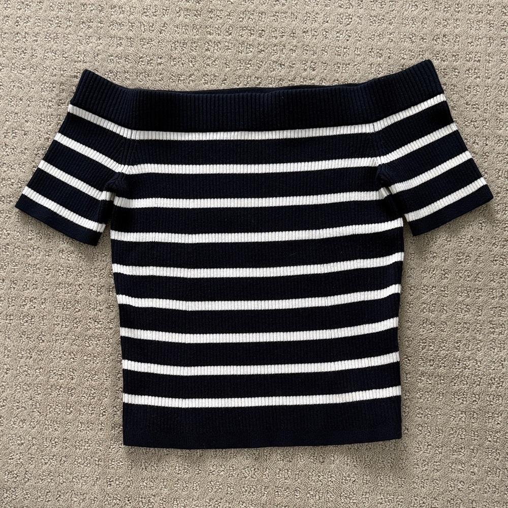 Club Monaco Navy and White Off-Shoulder Striped Top